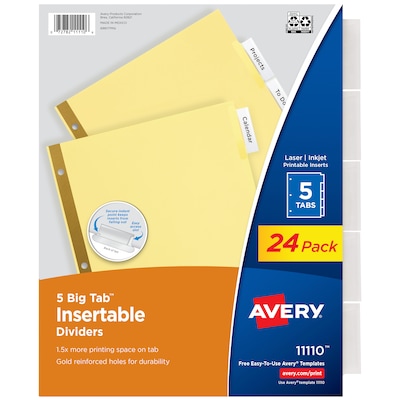 Avery Big Tab Insertable Paper Dividers, 5 Tabs, Buff with Clear Tabs, 24 Sets/Pack (11113)