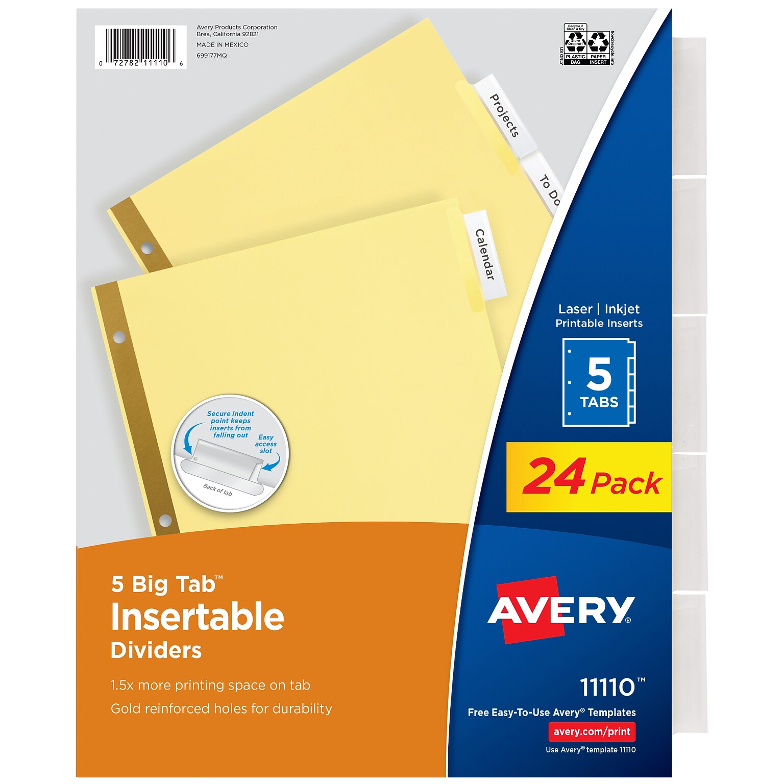 Avery Big Tab Insertable Paper Dividers, 5 Tabs, Buff with Clear Tabs, 24 Sets/Pack (11113)