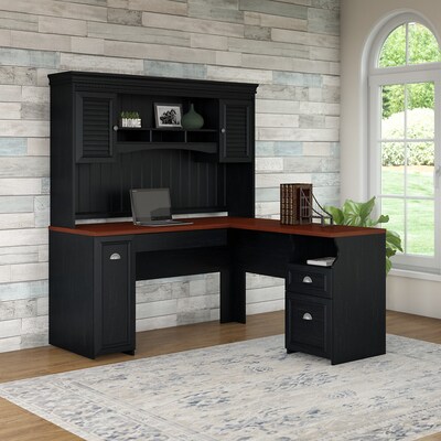 Bush Furniture Fairview 60" L Shaped Desk with Hutch, Antique Black/Hansen Cherry (FV004AB)