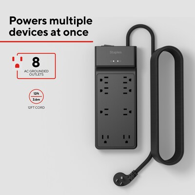 Staples TECH 8-Outlet Surge Protector, 12, 4500 Joules, Black (ST62782)