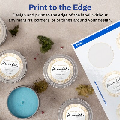 Avery Print-to-the-Edge Laser/Inkjet Round Labels, 2 1/2" Dia, Glossy White, 90 Labels/Pack (22830)