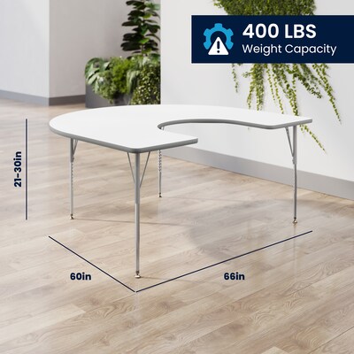 Flash Furniture Wren Horseshoe Activity Table, 66" x 60", Height Adjustable, White Top/Silver Frame (XUA6066HRSEWTA)
