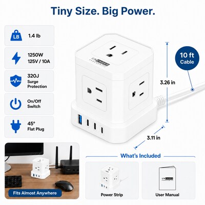 Uncaged Ergonomics Cube 5-Outlet 4-USB Port Surge Protector, 10', White (PC-W-C)