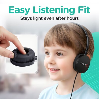 VentureX K22 Stereo Kids Learning Phone & Computer Headphone, 3.5mm & USB-C Adapter, Black, 50/Pack (VHPK22BD1M50)