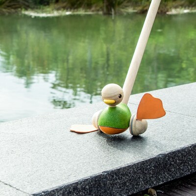 Plan Toys Wooden Push Along Duck Toy, Multicolored (PTS5626)