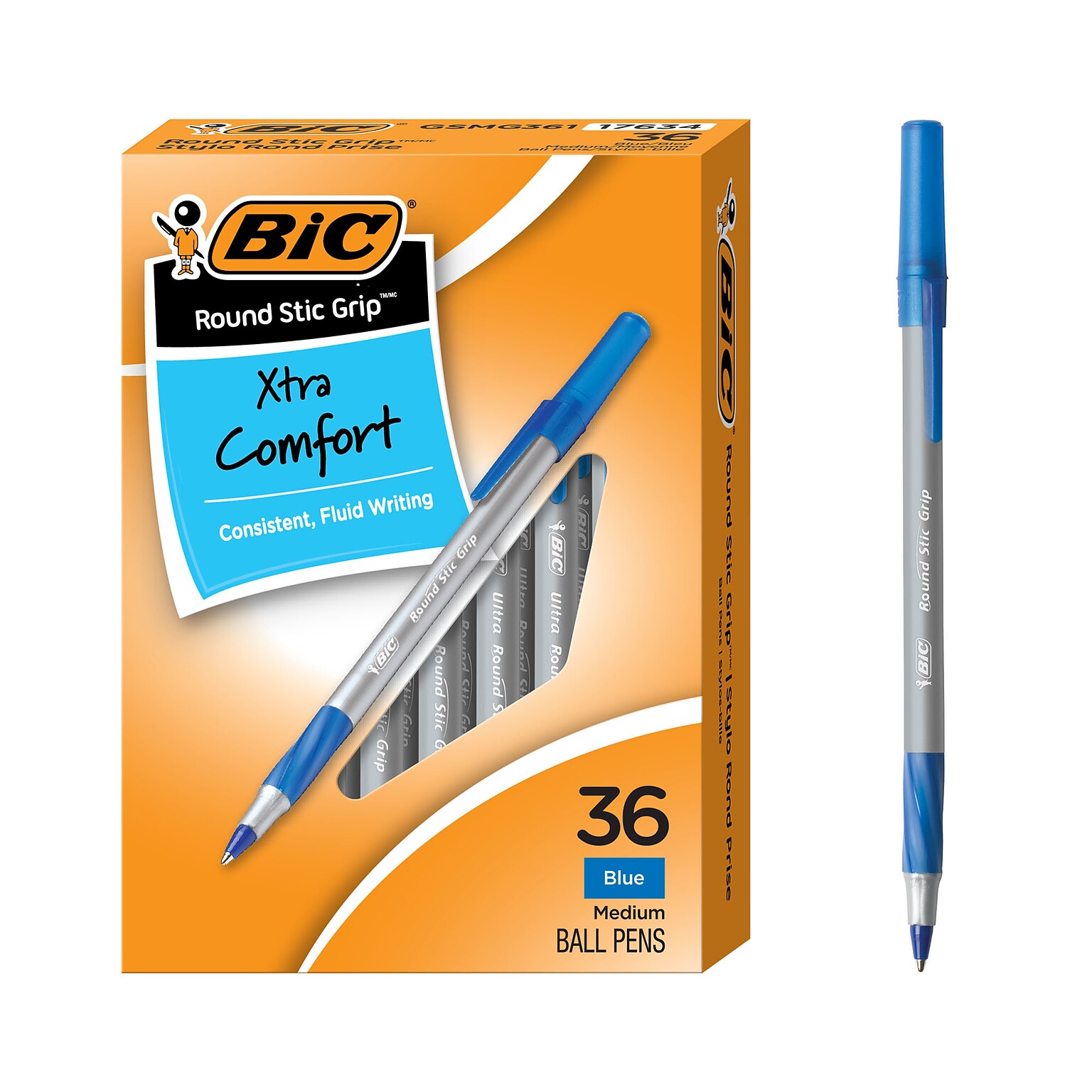 BIC Round Stic Grip Xtra Comfort Ballpoint Pen, Medium Point, 1.2mm, Blue Ink, 36/pack (GSMG361BLU)