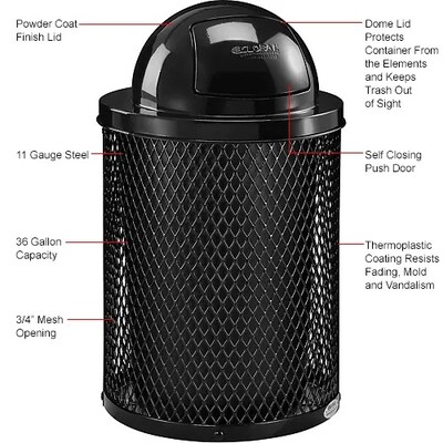 Global Industrial Outdoor Steel Diamond Trash Can w/ Dome Lid, 36 Gallon, Black (261948BK)
