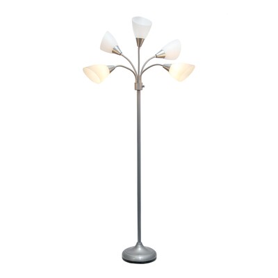 Simple Designs 67" Silver Metal Medusa Floor Lamp with 5 Adjustable White Cone Shades (LF2006-SVW)