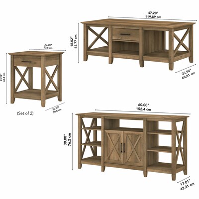 Bush Furniture Key West Tall TV Stand with Coffee Table and 2 End Tables, Reclaimed Pine, Screens up to 65" (KWS025RCP)