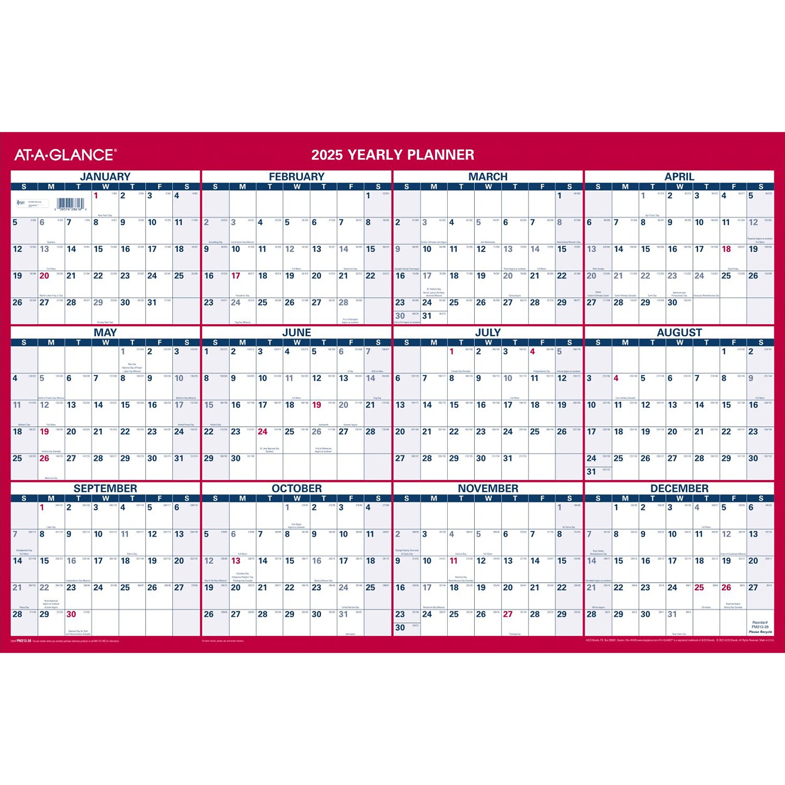 2025 AT-A-GLANCE 36 x 24 Yearly Wall Calendar, Reversible, White/Red (PM212-28-25)