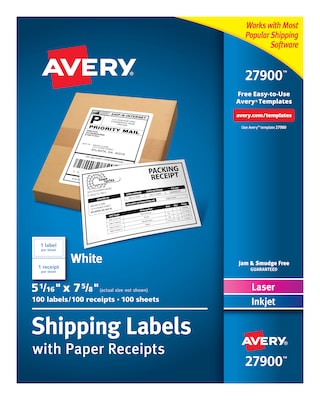 Avery Laser/Inkjet Shipping Labels with Receipts, 5-1/16 x 7-5/8, White, 1 Label/Sheet, 100 Sheet/