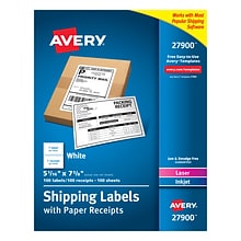 Avery Laser/Inkjet Shipping Labels with Receipts, 5-1/16 x 7-5/8, White, 1 Label/Sheet, 100 Sheet/