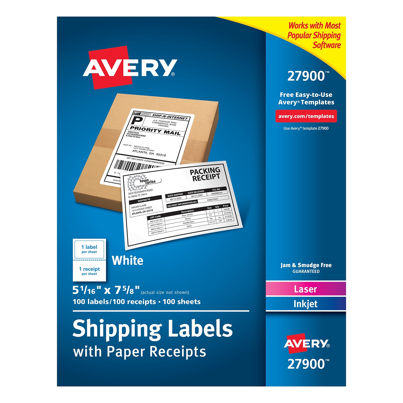 Avery Laser/Inkjet Shipping Labels with Receipts, 5-1/16 x 7-5/8, White, 1 Label/Sheet, 100 Sheet/Box (27900)
