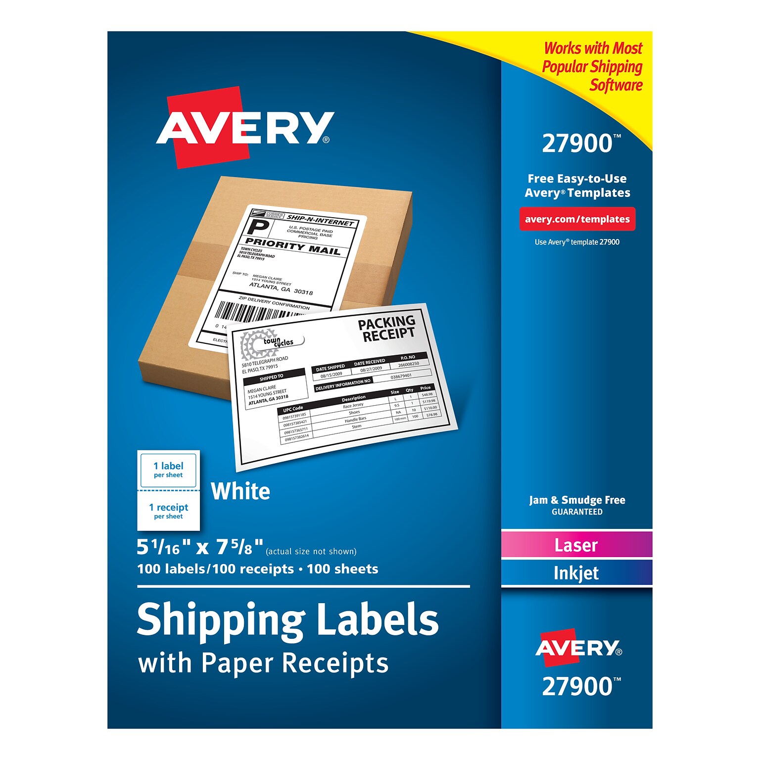 Avery Laser/Inkjet Shipping Labels with Paper Receipts, 5-1/16 x 7-5/8, White, 100 Labels/Box (27900)