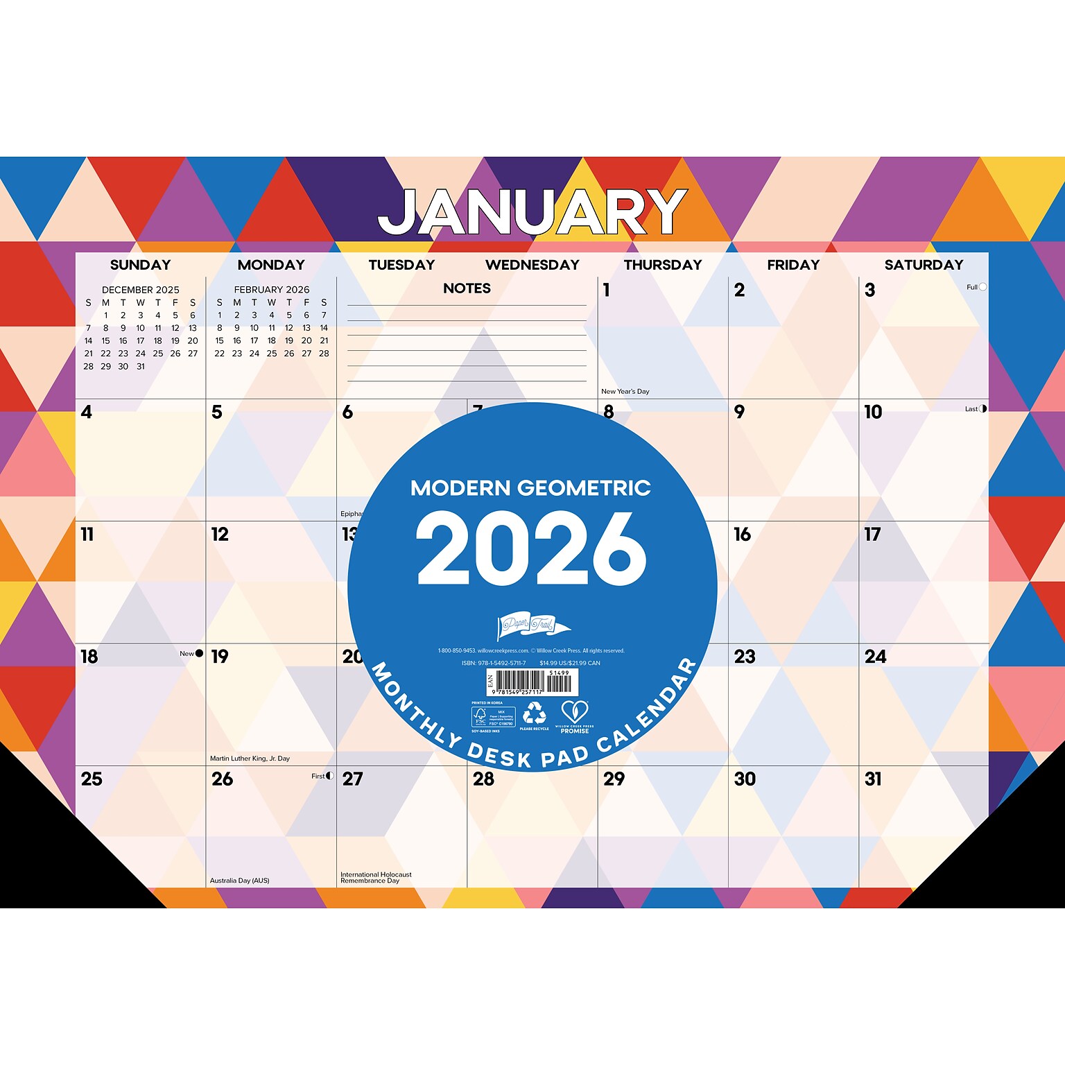 2026 Willow Creek Modern Geometric 17 x 12 Monthly Desk Pad Calendar (57117X)