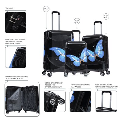 InUSA Hardside Butterfly Suitcase, 4-Wheeled Spinner, TSA Checkpoint Friendly, Black Butterfly (IUAPCSML-BBU)