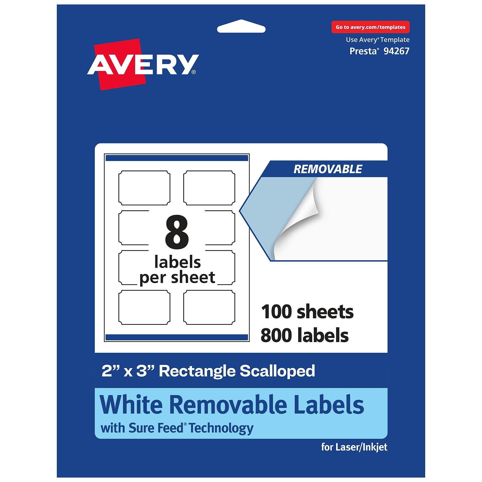 Avery Laser/Inkjet Multipurpose Rectangle Scalloped Labels, 2 x 3, White, 800 Labels/Box (94267)