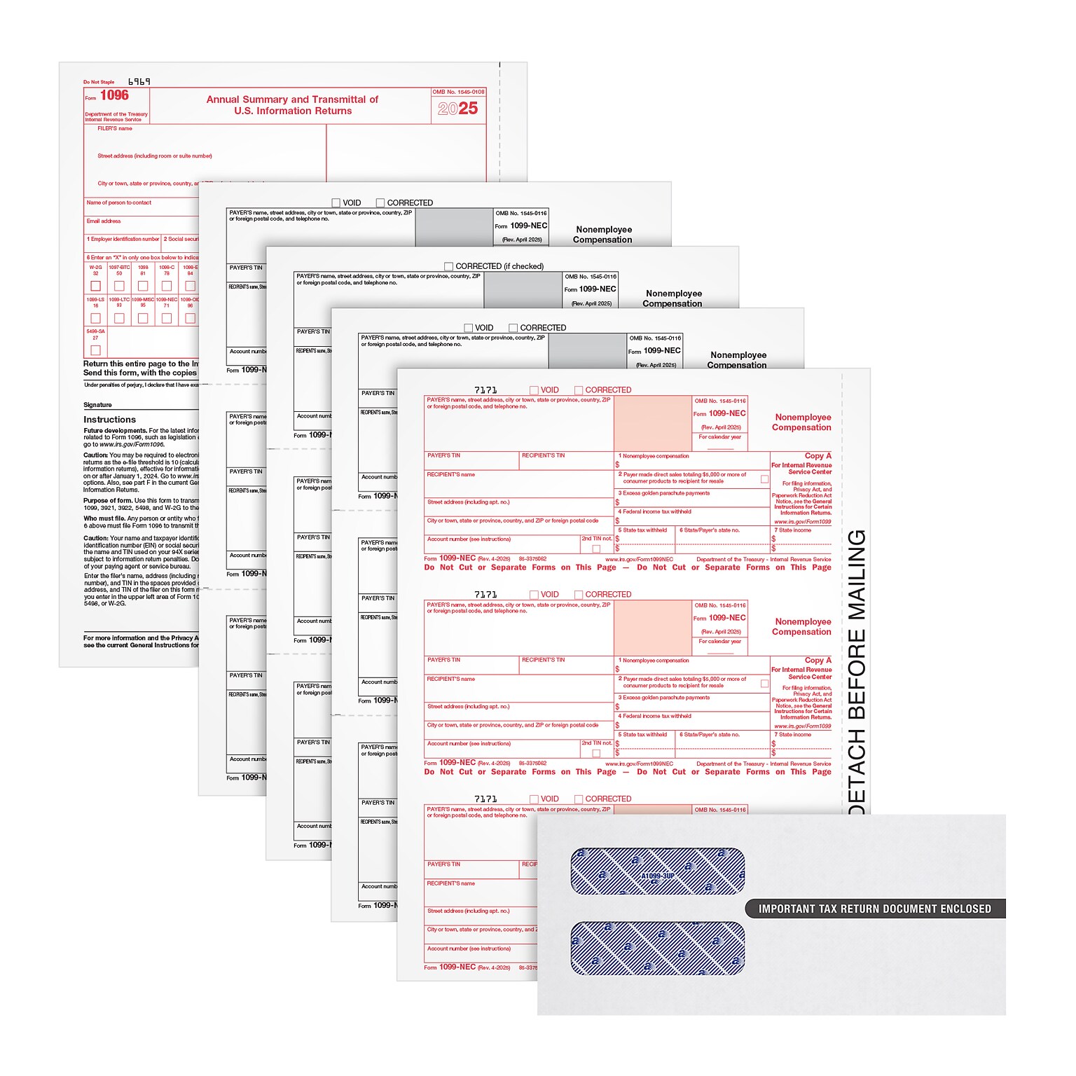 Adams Employees Copies Cut Sheet 2025 1099-NEC Tax Form Kit with Envelopes, 4-Part, Copy A, B, 1, 2, 50/Pack (LNEC425Q)