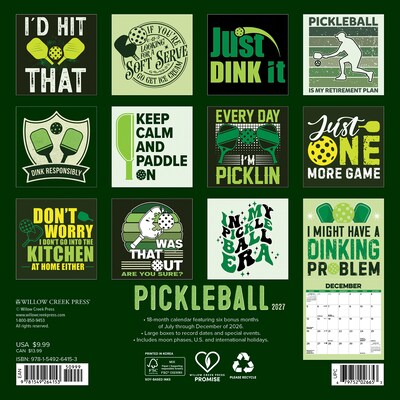 2027 Willow Creek Pickleball 7 x 7 Monthly Wall Calendar, Assorted Colors (64153)