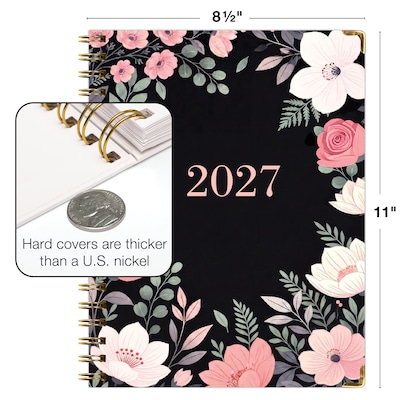 2027 Excello Brands 9" x 11" Weekly & Monthly Standard Planner, Paperboard Cover, Black Floral Pink (FSHN-CY27-8511-06)