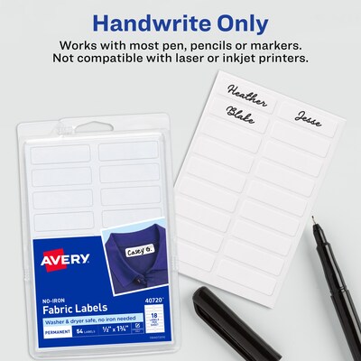 Avery No-Iron Fabric Labels on 4" x 6" Sheets, 1/2" x 1-3/4", White, Non-Printable, 54 Labels/Pack (40720)