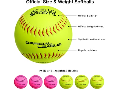 Xcello Sports Fast-Pitch Softballs, Neon Yellow/Neon Pink, 6/Pack (XS-SOFTBALL-PC)
