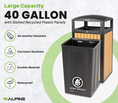Alpine Industries Steel Outdoor Trash Can with Dome Lid, 40 Gallon, Plastic Cedar Panel (ALP471-40-WD-CD)