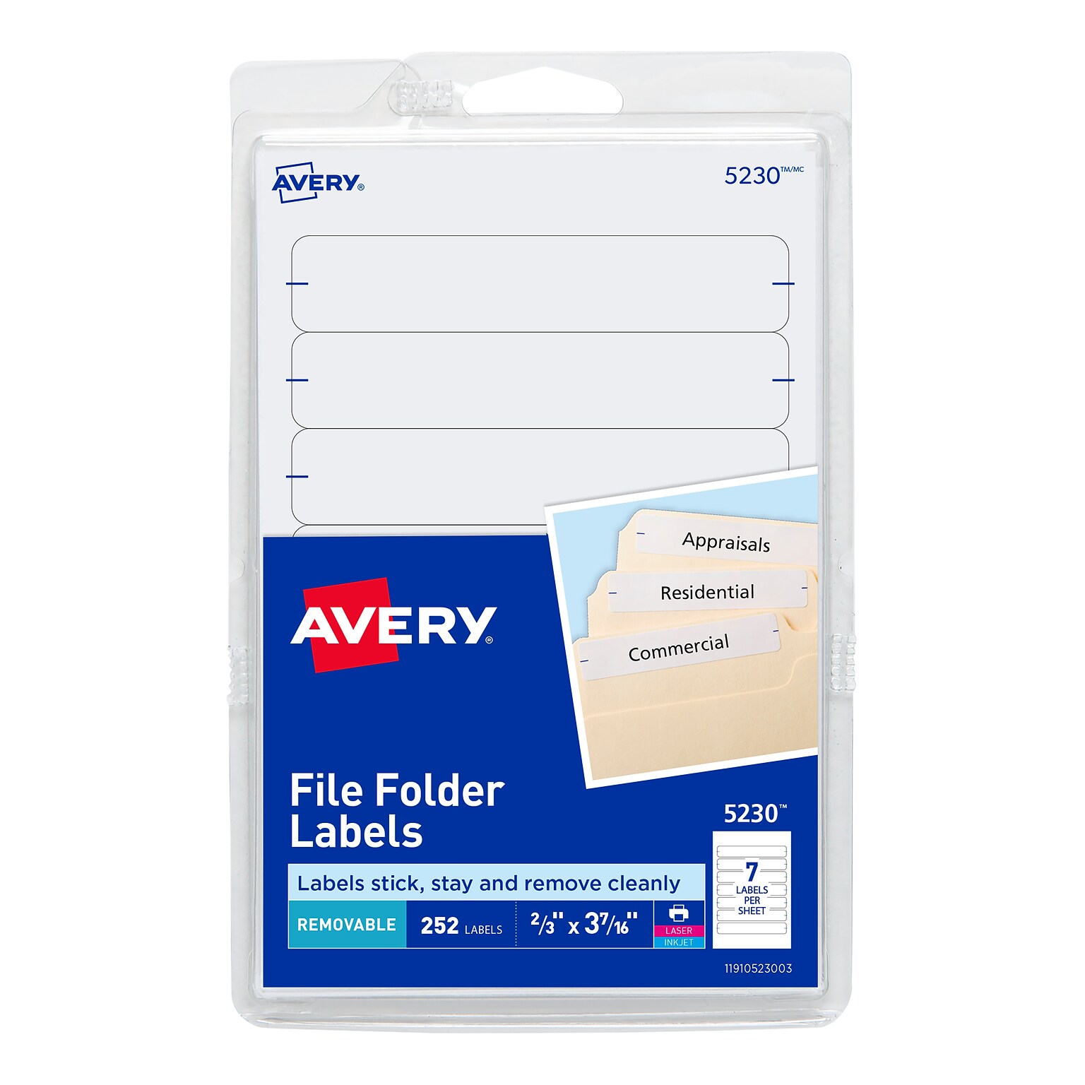 Avery Easy Peel Laser/Inkjet File Folder Labels, 2/3 x 3-7/16, White, 252 Labels/Pack (5230)
