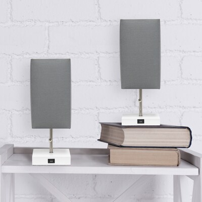 Simple Designs Petite White Stick Lamp with USB Charging Port and Fabric Shade, Gray, 2/Pack (LC2004-GOW-2PK)