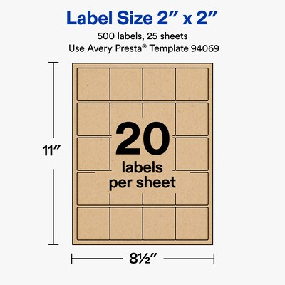 Avery Square Laser/Inkjet Multipurpose Labels, 2" x 2", Kraft Brown, 20 Labels/Sheet, 25 Sheets/Pack (19479311148)