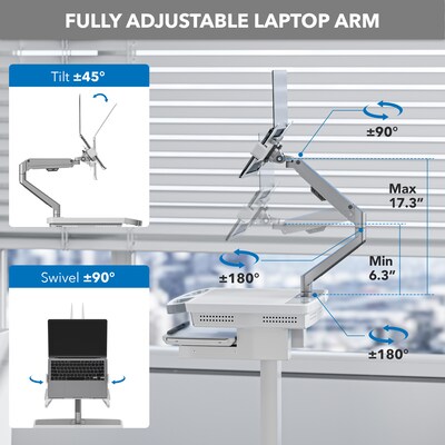 Mount-It! MedHub Mobile Medical Cart Workstation with Spring Arm Laptop Mount and Locking Caster Wheels, White/Grey (MI-16017)