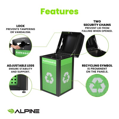 Alpine Industries GS Series Steel Trash Can & Recycling Bin Combo, 40 Gallon, Green (ALP471-40-GS-M)