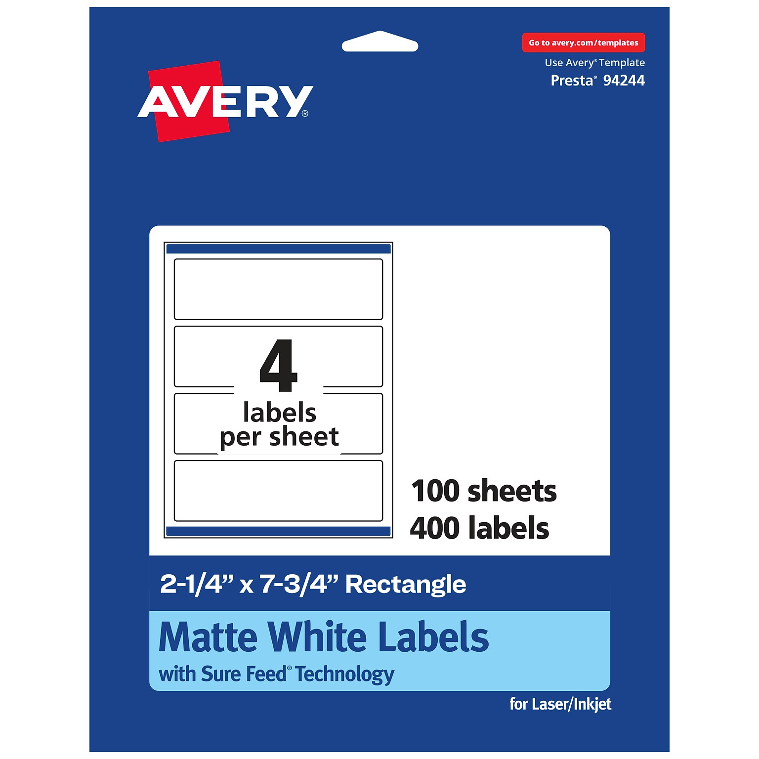 Avery Laser/Inkjet Multipurpose Labels, White, 4 Labels/Sheet, 100 Sheets/Pack (94244-WMP100)