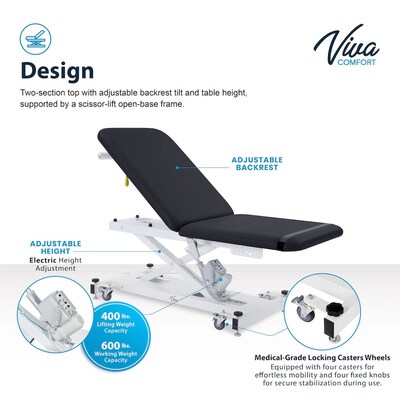 Viva Comfort XRO 2-Section Electric Height and Back Adjustable Exam Table, 600 lb Capacity, Black (ADI903-20-BLK-MK)
