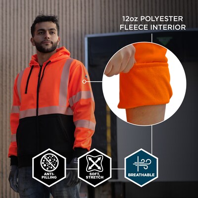 GloWear 8318BK High Visibility Long Sleeve Black Bottom Hooded Zip-Up Sweatshirt, ANSI Type R Class 3, Orange, Large (23074)