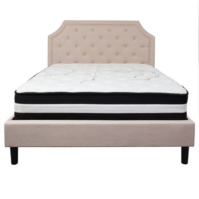 Flash Furniture Brighton Tufted Upholstered Platform Bed in Beige Fabric with Pocket Spring Mattress, Queen (SLBM3)