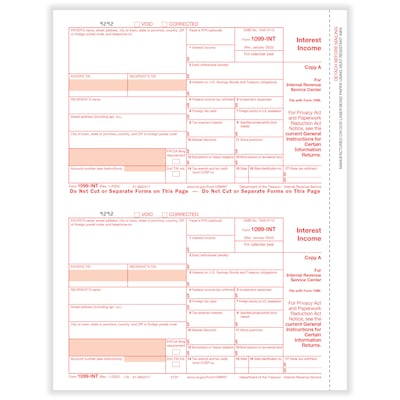 ComplyRight® 2023 1099-INT Tax Form, Federal Copy A, 2-Up, 50/Pack (512050)