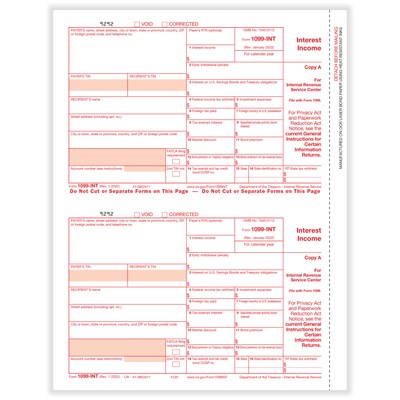ComplyRight 2023 1099-INT Tax Form, 1-Part, 2-Up, Copy A, 50/Pack (512050)