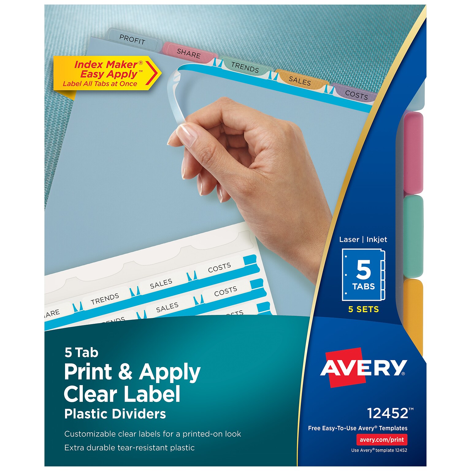 Avery Index Maker Plastic Dividers with Print & Apply Label Sheets, 5 Tabs, Multicolor, 5 Sets/Pack (12452)