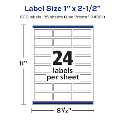 Avery Laser/Inkjet Rectangle Waterproof Multipurpose Labels, 2.5"  x 1", White, 600/Pack (94221)