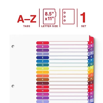 Staples Durable Paper A-Z Alphabetical Dividers, 26-Tabs, Multicolor