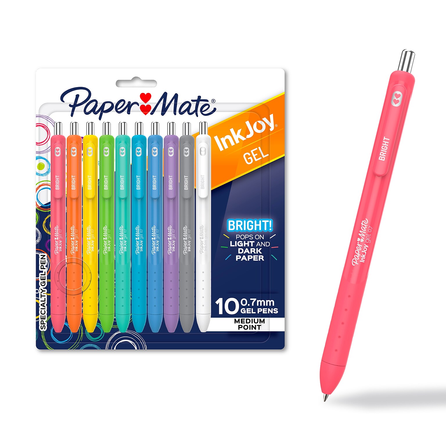 Paper Mate InkJoy Bright Retractable Gel Pen, Medium Point, 0.7mm, Assorted Bright Color Inks, 10 Count (2173764)