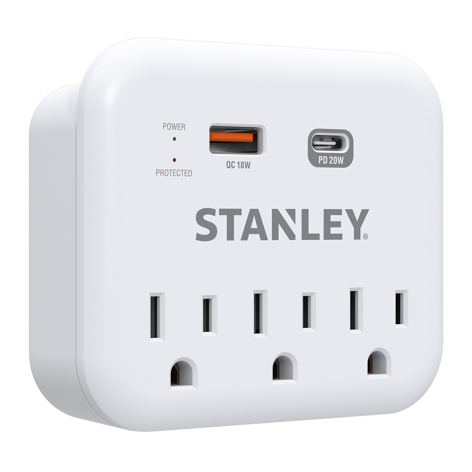 STANLEY SurgePro 3 3-Outlet Exreme Surge Protector Wall Tap with Phone Shelf & 2-USB Ports, 600 Joules, White (30423)