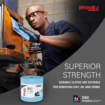 WypAll PowerClean X80 Fabric Cleaning Wipers, 13.4" x 12.5", Blue, 475 Sheets/Roll (41043)