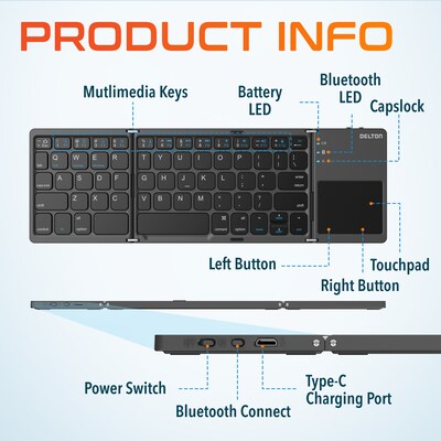 Delton F75 Small Wireless Foldable Portable Keyboard and Touchpad, Black (DKBF75)