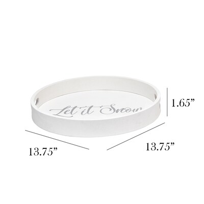 Elegant Designs Let it Snow Decorative 13.75 Round Wood Serving Tray w/ Handles, White Wash (HG20