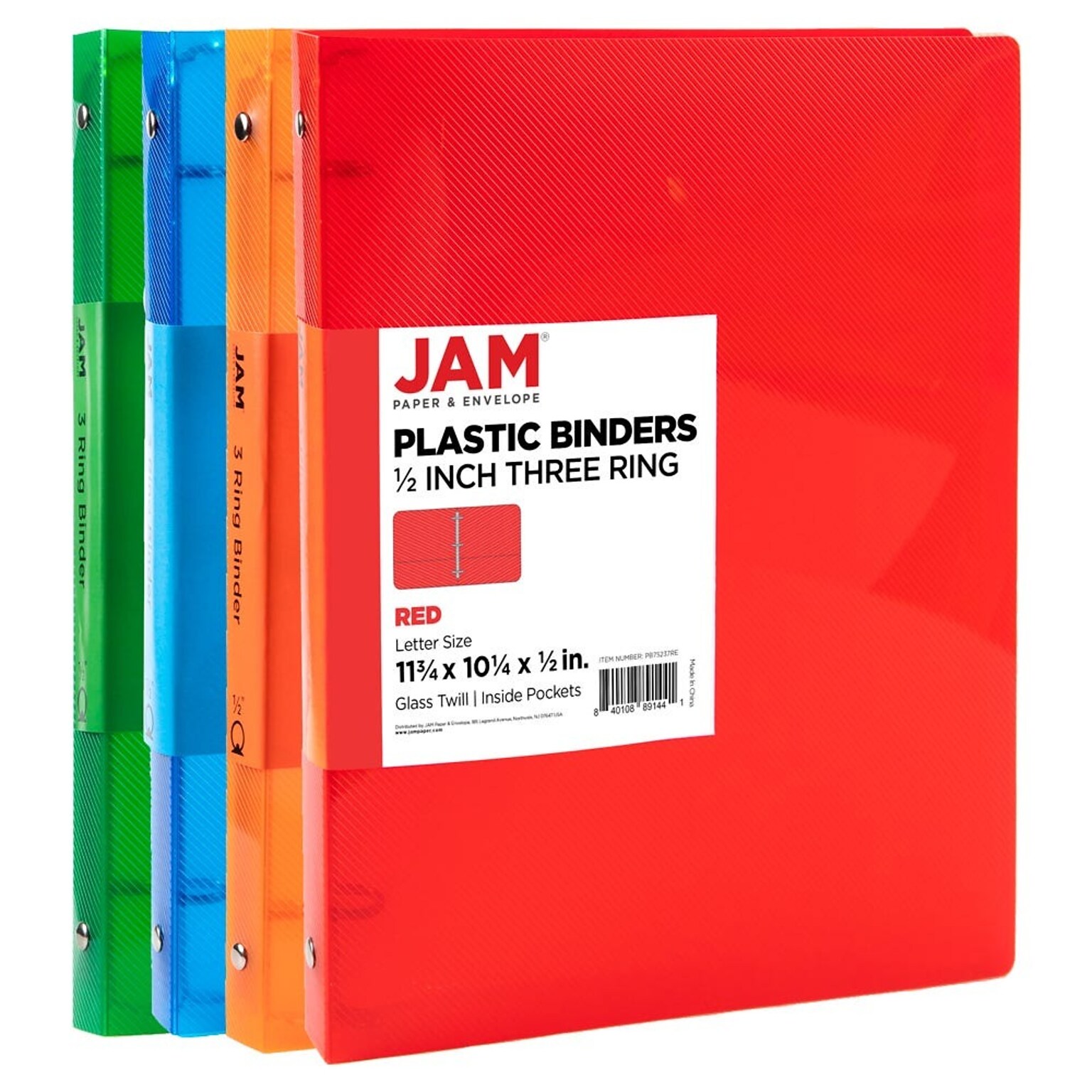 JAM Paper 1/2 3-Ring Flexible Poly Binders, Assorted Colors, 4/Pack (PB75237ASSRT)