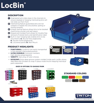 Triton Products LocBin Stackable Storage Bin, 7" x 8.25"x 14.75", Blue, 6/Pack (3-240BWS)