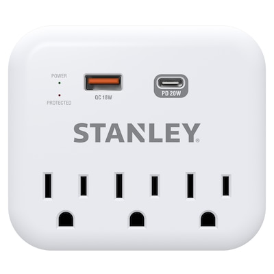 STANLEY SurgePro 3 3-Outlet Exreme Surge Protector Wall Tap with Phone Shelf & 2-USB Ports, 600 Joules, White (30423)