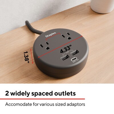 Staples TECH 2-Outlet 3-USB Port Surge Protector, 5', 500 Joules, Black (ST62772)